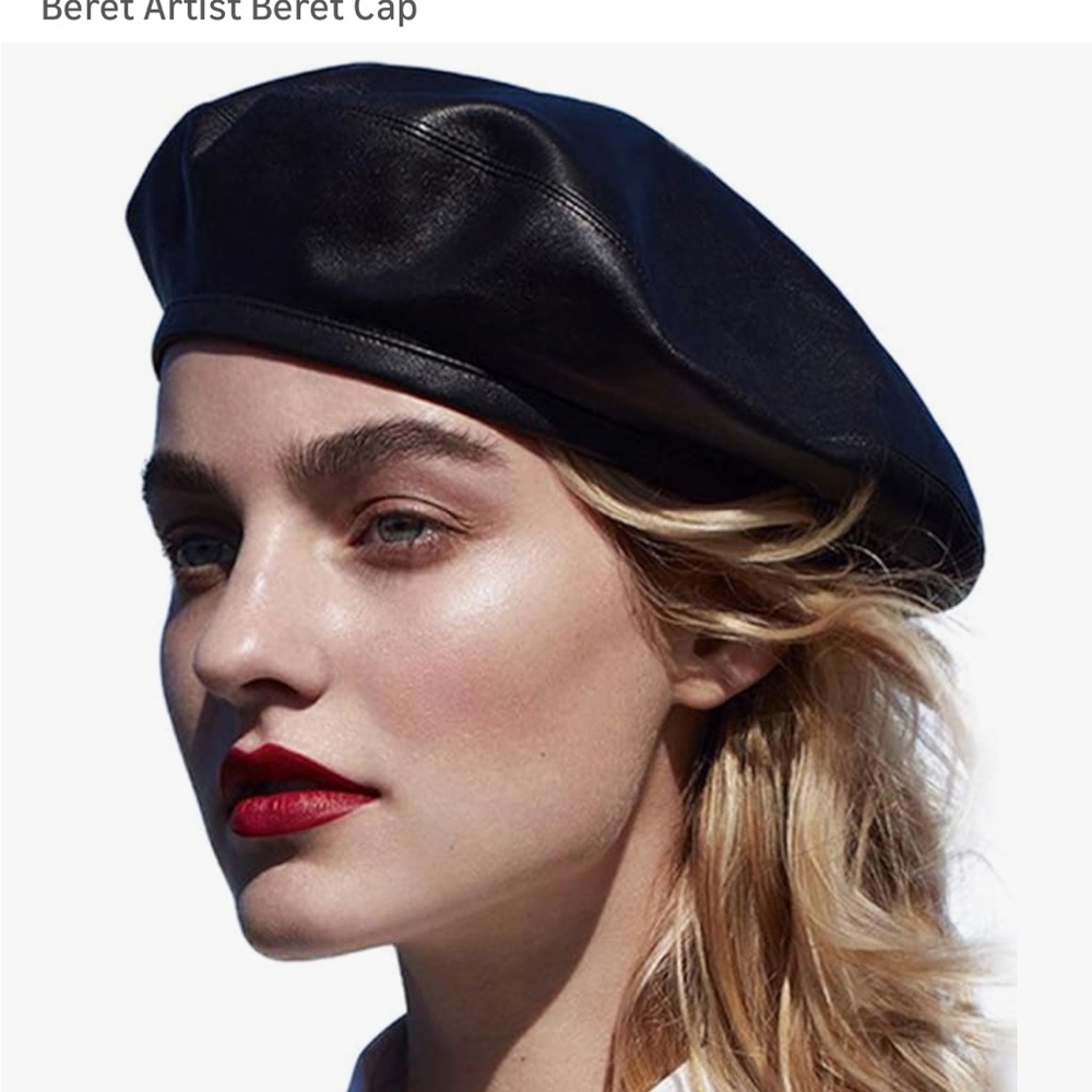 Elegant Black Leather Beret for Women - Picture 2 of 2